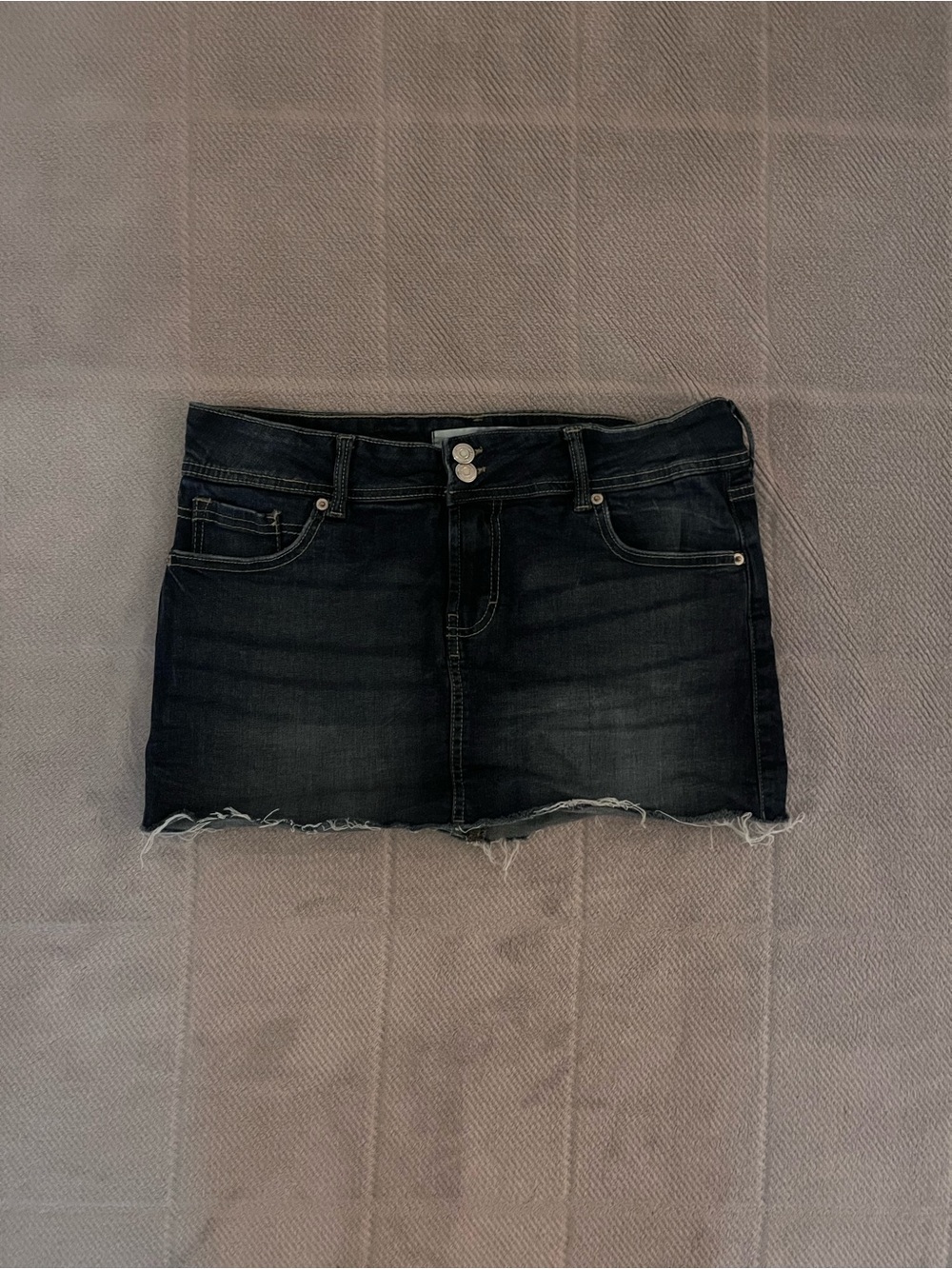 Dark Wash Denim Mini Skirt - Women's Casual Frayed Hem